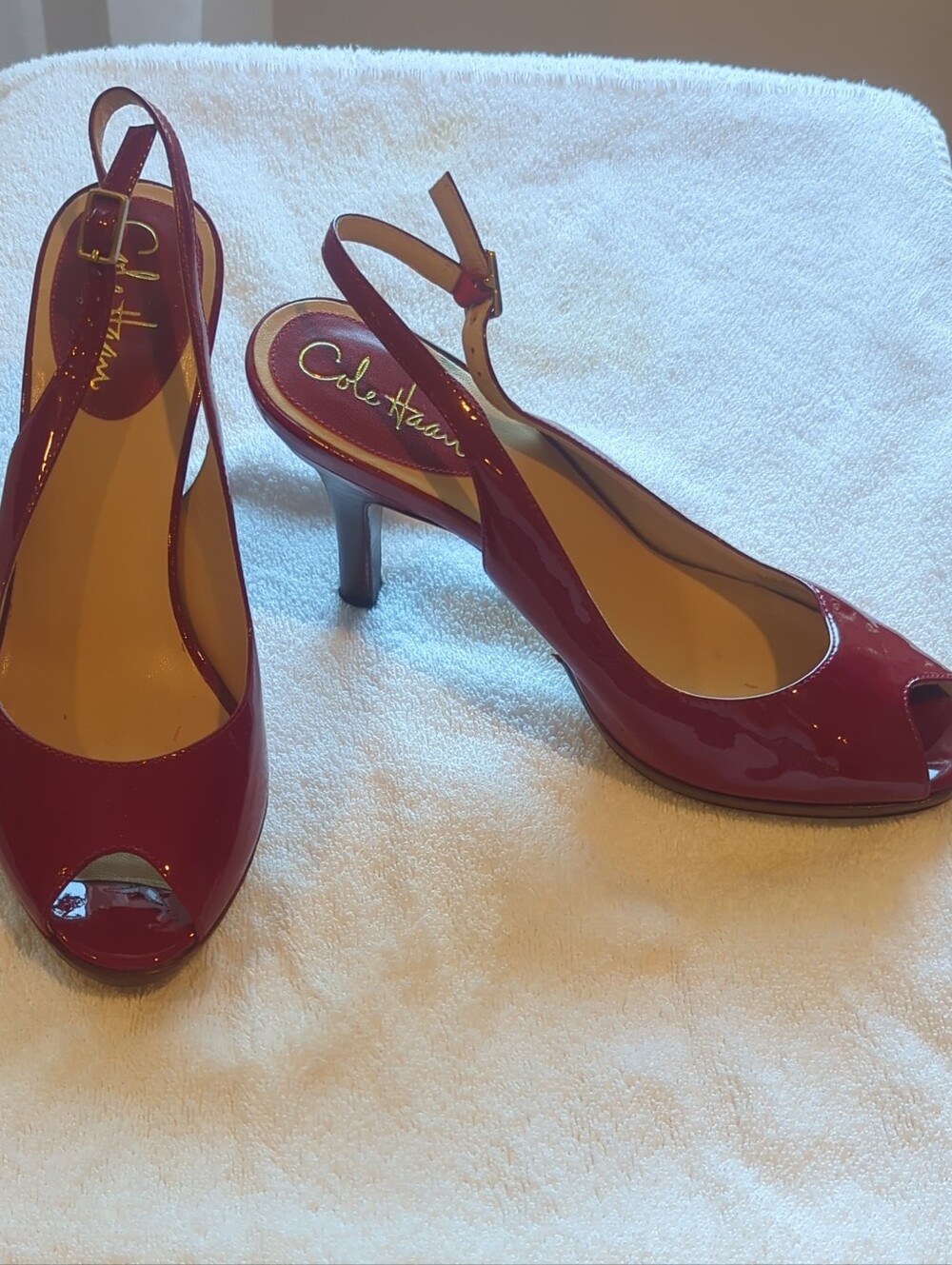Cole Haan Red Patent Peep-Toe Slingback Heels